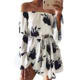 Beach Floral Boho Dress Sexy Off the Shoulder Flare Sleeve Empire Mini Dress