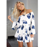 Beach Floral Boho Dress Sexy Off the Shoulder Flare Sleeve Empire Mini Dress