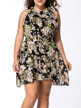 Casual Round Neck Floral Coin Printed Chiffon Plus Size Flared Dress