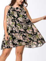 Casual Round Neck Floral Coin Printed Chiffon Plus Size Flared Dress