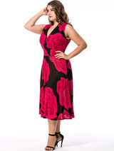 Casual Deep V-Neck Color Block Floral Swing Plus Size Maxi Dress