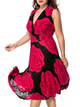 Casual Deep V-Neck Color Block Floral Swing Plus Size Maxi Dress