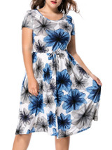 Casual Round Neck Drawstring Floral Printed Midi Plus Size Flared Dress