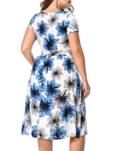 Casual Round Neck Drawstring Floral Printed Midi Plus Size Flared Dress