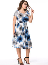 Casual Round Neck Drawstring Floral Printed Midi Plus Size Flared Dress