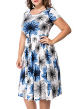 Casual Round Neck Drawstring Floral Printed Midi Plus Size Flared Dress