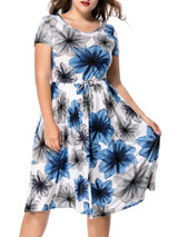 Casual Round Neck Drawstring Floral Printed Midi Plus Size Flared Dress