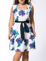 Casual Courtly Square Neck Floral Printed Plus Size Flared Dress