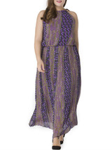 Casual Crew Neck Chiffon Plus Size Maxi Dress In Floral Vertical Striped