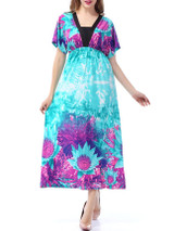 Casual Color Block Deep V-Neck Floral Plus Size Maxi Dress