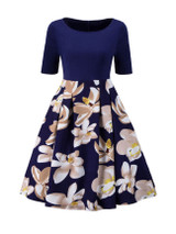 Casual Round Neck Exquisite Floral Printed Plus Size Flared Dress