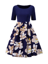 Casual Round Neck Exquisite Floral Printed Plus Size Flared Dress