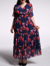 Casual V-Neck Floral Chiffon Plus Size Maxi Dress With Ruffled Hem
