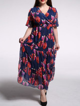 Casual V-Neck Floral Chiffon Plus Size Maxi Dress With Ruffled Hem