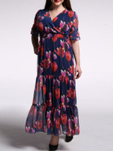 Casual V-Neck Floral Chiffon Plus Size Maxi Dress With Ruffled Hem