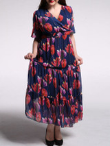 Casual V-Neck Floral Chiffon Plus Size Maxi Dress With Ruffled Hem
