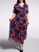 Casual V-Neck Floral Chiffon Plus Size Maxi Dress With Ruffled Hem