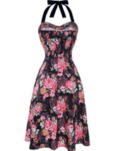 Casual Retro Halter Elastic Waist Floral Printed Skater Dress
