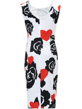 Casual Round Neck Slit Floral Heart Printed Bodycon Dress