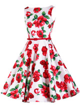 Charming Boat Neck Belt Floral Printed Skater Dress