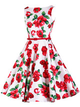 Charming Boat Neck Belt Floral Printed Skater Dress