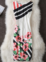 Casual Round Neck Floral Striped Bodycon Dress