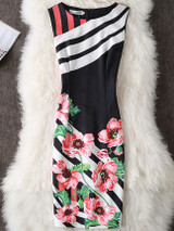 Casual Round Neck Floral Striped Bodycon Dress