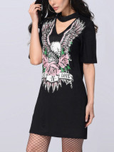 Casual Band Collar Cutout Eagle Floral Printed Bodycon Dress