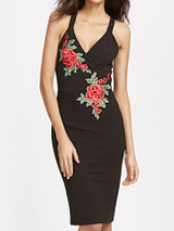 Casual Embroidery Floral Patch X-Back Spaghetti Strap Bodycon Dress
