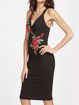 Casual Embroidery Floral Patch X-Back Spaghetti Strap Bodycon Dress