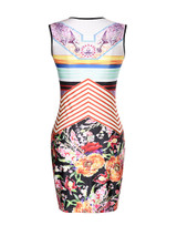 Casual Round Neck Floral Striped Sleeveless Bodycon Dress