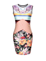 Casual Round Neck Floral Striped Sleeveless Bodycon Dress