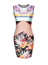 Casual Round Neck Floral Striped Sleeveless Bodycon Dress