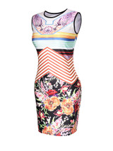 Casual Round Neck Floral Striped Sleeveless Bodycon Dress