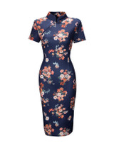 Casual Band Collar Zips Floral Printed Bodycon Dress