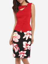 Casual Asymmetric Neckline Cotton Color Block Floral Patchwork Printed Bodycon-dress