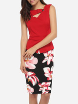 Casual Asymmetric Neckline Cotton Color Block Floral Patchwork Printed Bodycon-dress