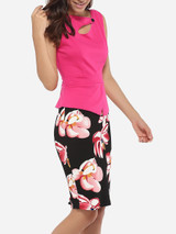Single Button Asymmetric Neckline Cotton Color Block Floral Hollow Out Printed Bodycon-dress