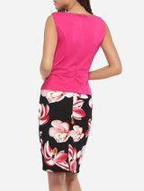 Single Button Asymmetric Neckline Cotton Color Block Floral Hollow Out Printed Bodycon-dress
