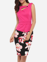 Single Button Asymmetric Neckline Cotton Color Block Floral Hollow Out Printed Bodycon-dress