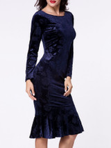 Casual Boat Neck Plain Floral Embossed Mermaid Bodycon Dress