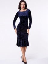 Casual Boat Neck Plain Floral Embossed Mermaid Bodycon Dress