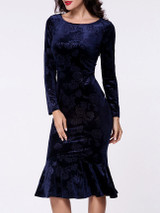 Casual Boat Neck Plain Floral Embossed Mermaid Bodycon Dress