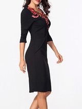 Casual V Neck Half Sleeve Floral Embroidery Bodycon Dress