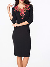 Casual V Neck Half Sleeve Floral Embroidery Bodycon Dress
