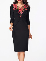 Casual V Neck Half Sleeve Floral Embroidery Bodycon Dress