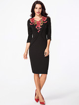 Casual V Neck Half Sleeve Floral Embroidery Bodycon Dress