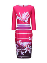 Casual Round Neck Floral Printed Striped Bodycon Dress