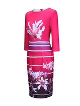 Casual Round Neck Floral Printed Striped Bodycon Dress