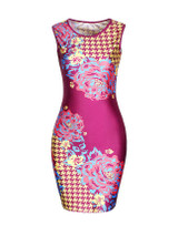 Celebrity Floral Houndstooth Round Neck Bodycon Dress